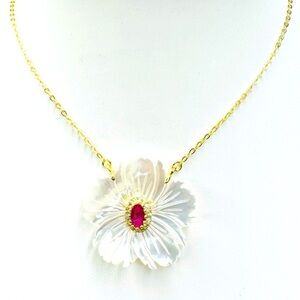 Elegant Hawaii Flower w/Pink Tourmaline Stone 18K Gold Sterling Silver Necklace